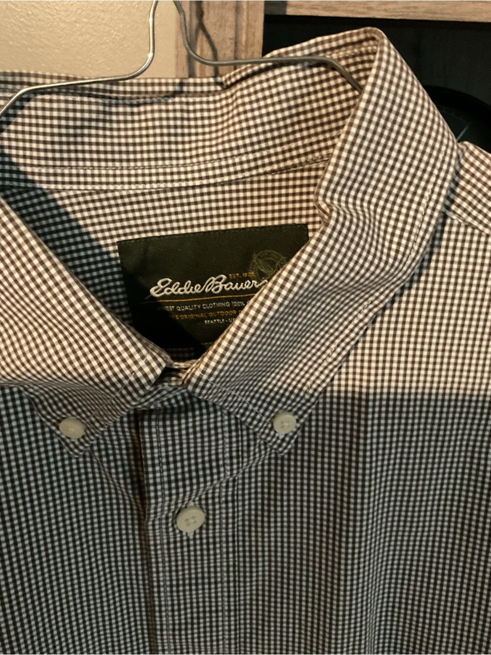 Eddie Bauer Men’s Brown and White Gingham Button-Down Shirt